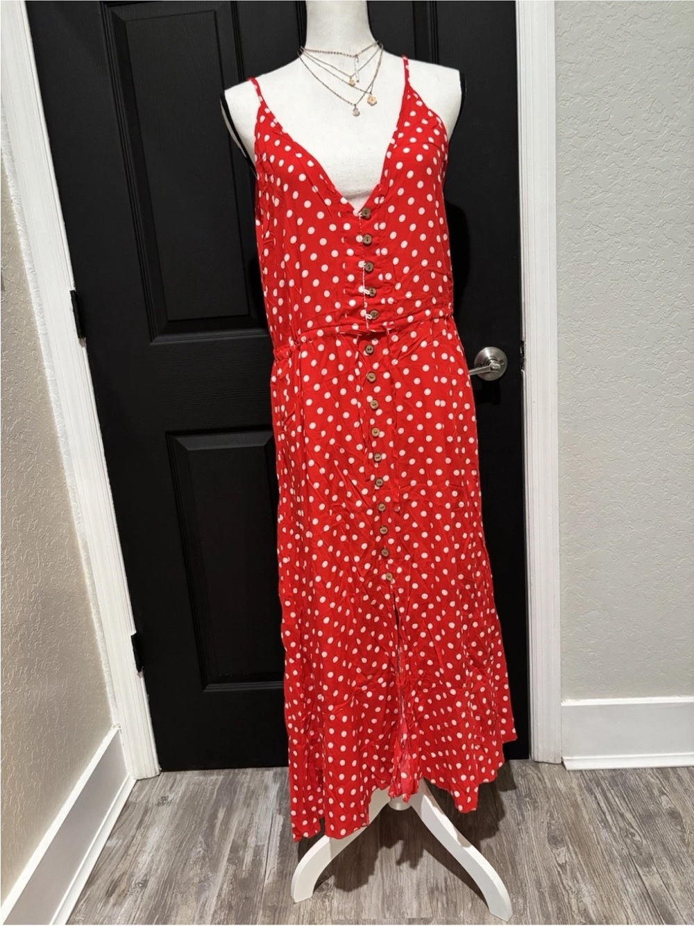 Red Polka Dot Midi Dress Lightweight Flowy Boho Spaghetti Strap XL - Picture 7 of 9